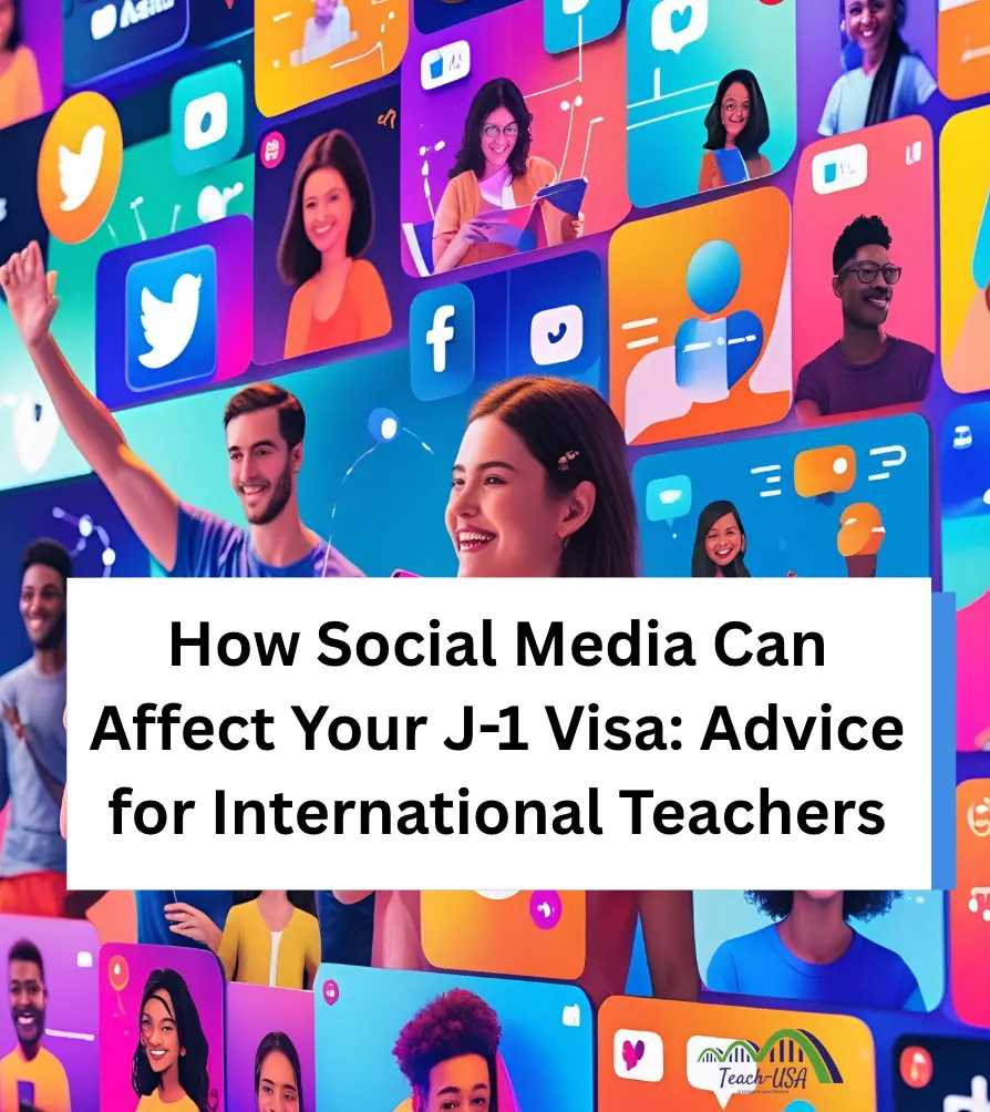 International teacher looking at a phone with a concerned expression, symbolizing how social media activity can impact J-1 visa status and U.S. reentry.